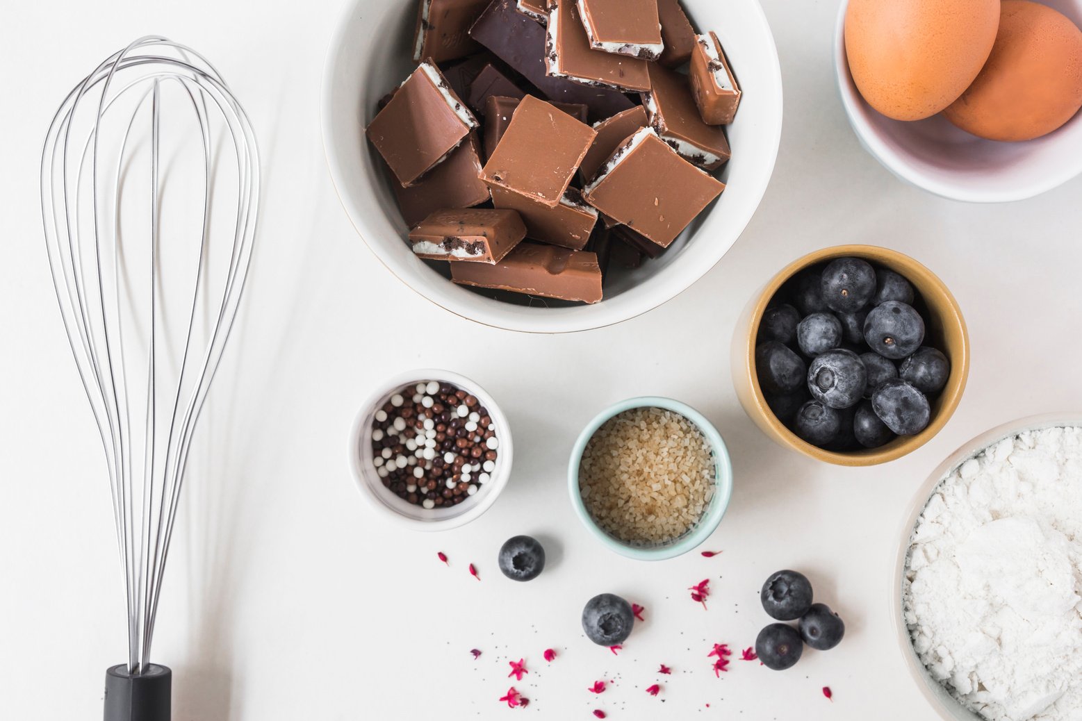 Ingredients Making Cake with Whisk White Background